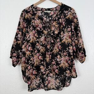 Denim & Supply Ralph Lauren Black Floral Lace-Up Ruffle Blouse Size Large